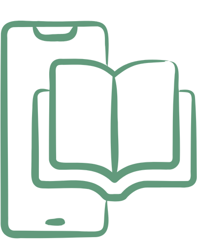 Line drawing of a smartphone with a book and a smaller device or e-reader in front of it.