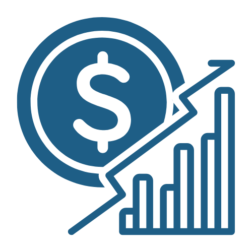 Icon of a dollar sign inside a circle with an upward trending increasing bar chart and arrow.