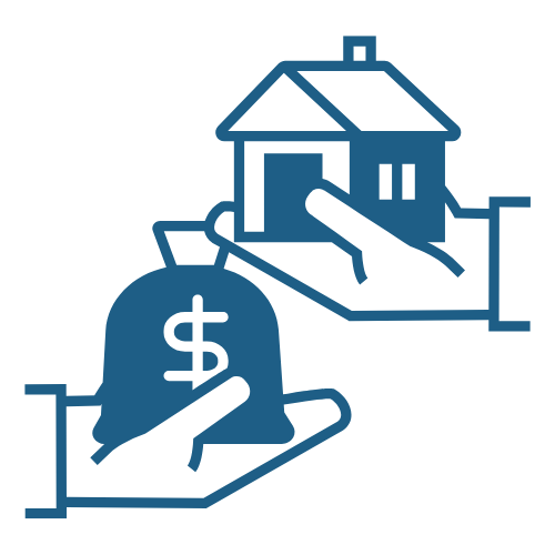 Icon of a house and a hand holding a money bag with a dollar sign.