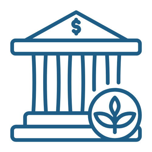 Outline illustration of a bank with a dollar sign on top, featuring columns and a coin with a plant symbol in front.