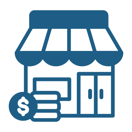Icon of a small store with a dollar sign and coins in front.
