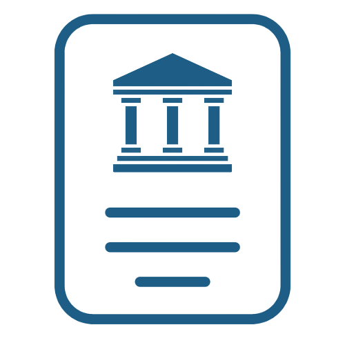 Icon of a government or legal building with columns, resembling a courthouse or government agency symbol, on a dark background.