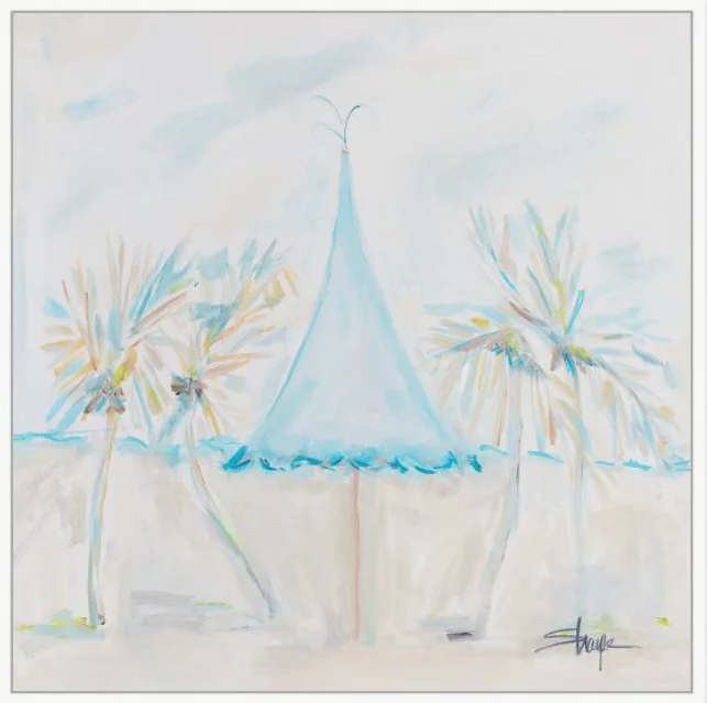 A watercolor painting of a beach scene with a blue beach umbrella and two palm trees.