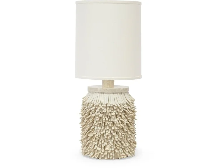 Decorative table lamp with a sculptural base resembling a cluster of elongated rectangular shapes and a plain white lampshade.