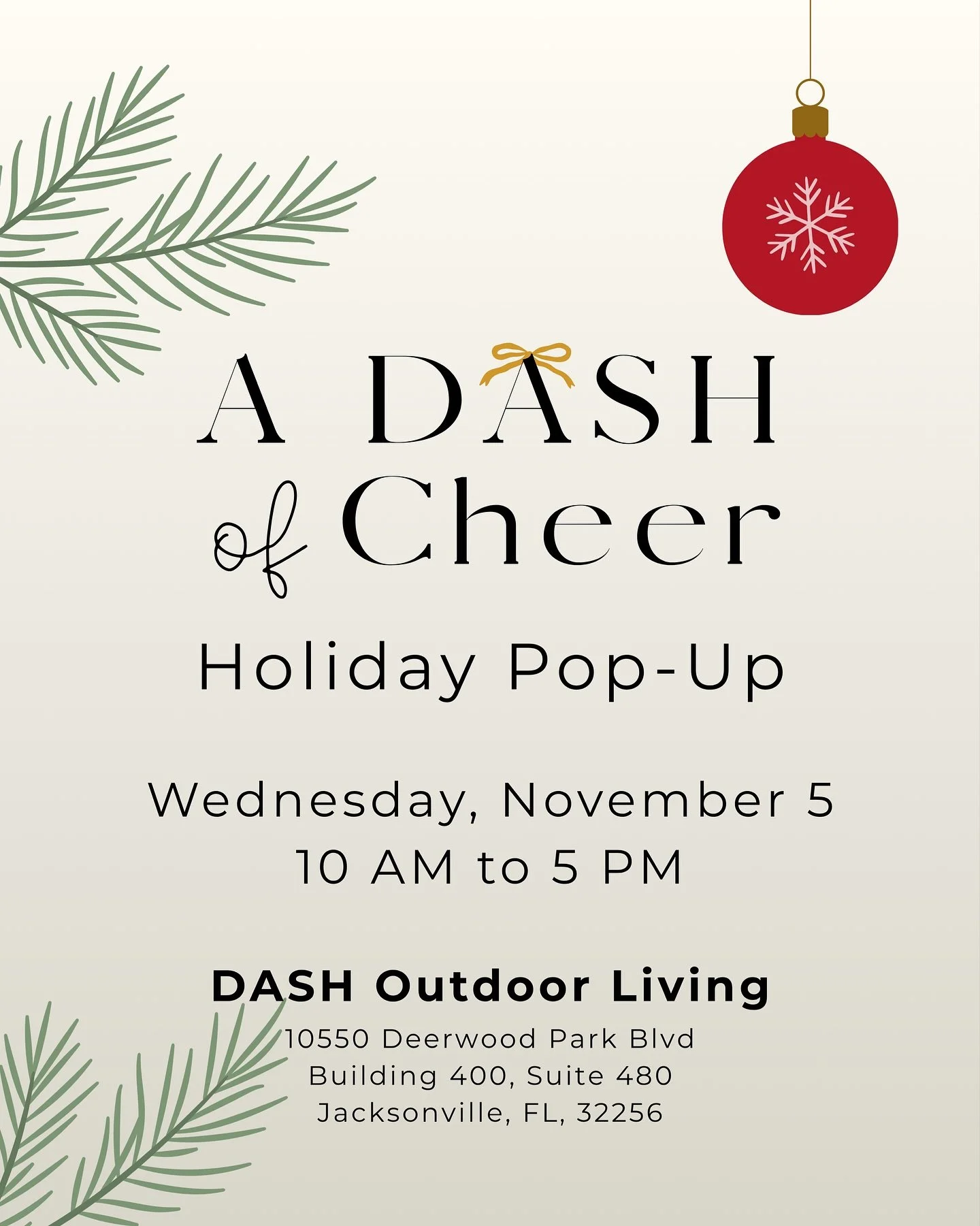 🎄✨ A DASH of Cheer is coming your way! ✨🎄
Join us for a festive Holiday Pop-Up on Wednesday, November 5 from 10 AM to 5 PM at DASH Outdoor Living in Jacksonville!
Shop an exclusive selection of home d&eacute;cor, gifts, accessories, and fashion fro