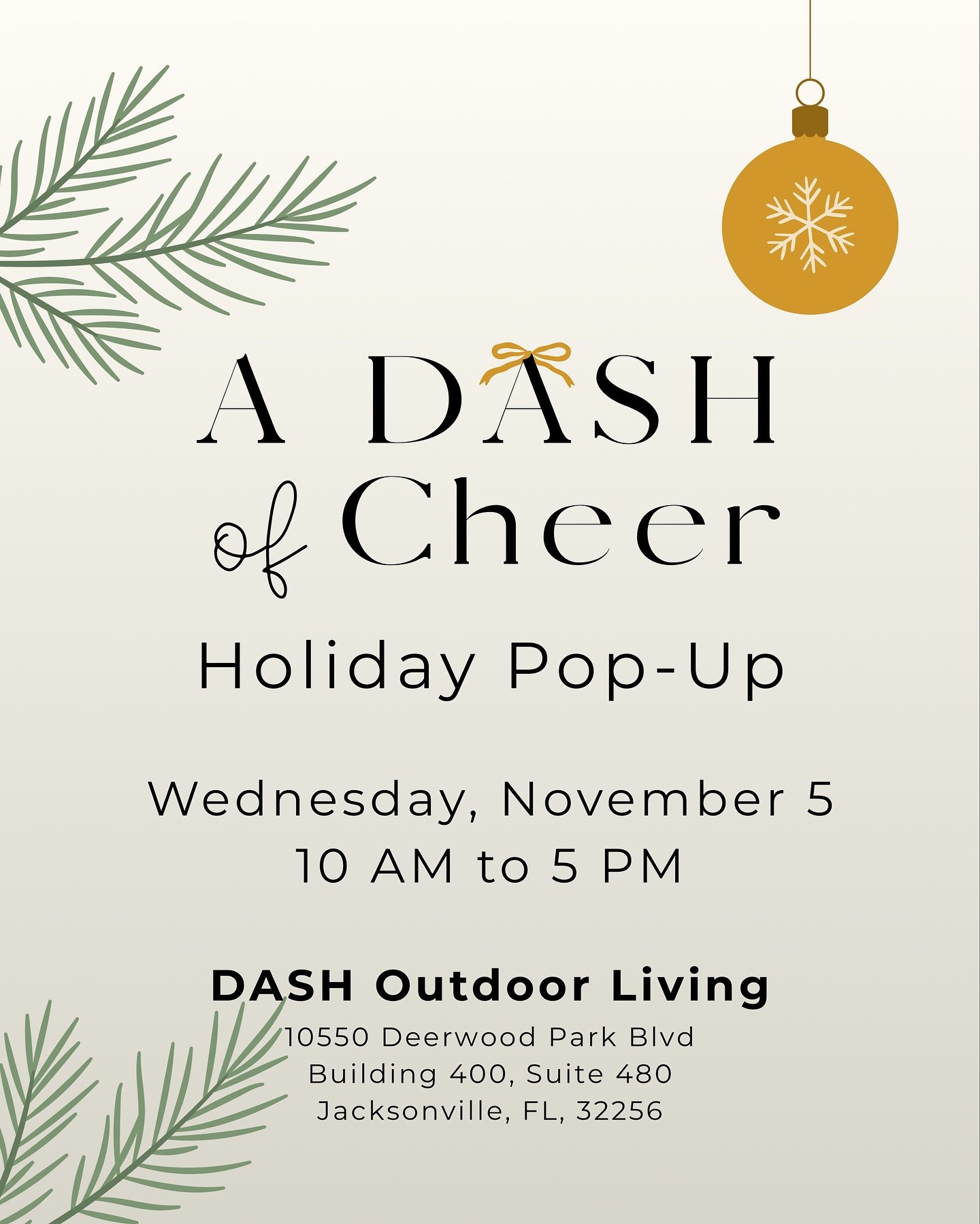✨ A DASH of Cheer is almost here ✨

Join us Wednesday, November 5, from 10 AM&ndash;5 PM at DASH Outdoor Living for a festive day of mingling, sipping, and shopping your favorite local boutiques.

Discover treasures from:
Carla Shoes &amp; Accessorie