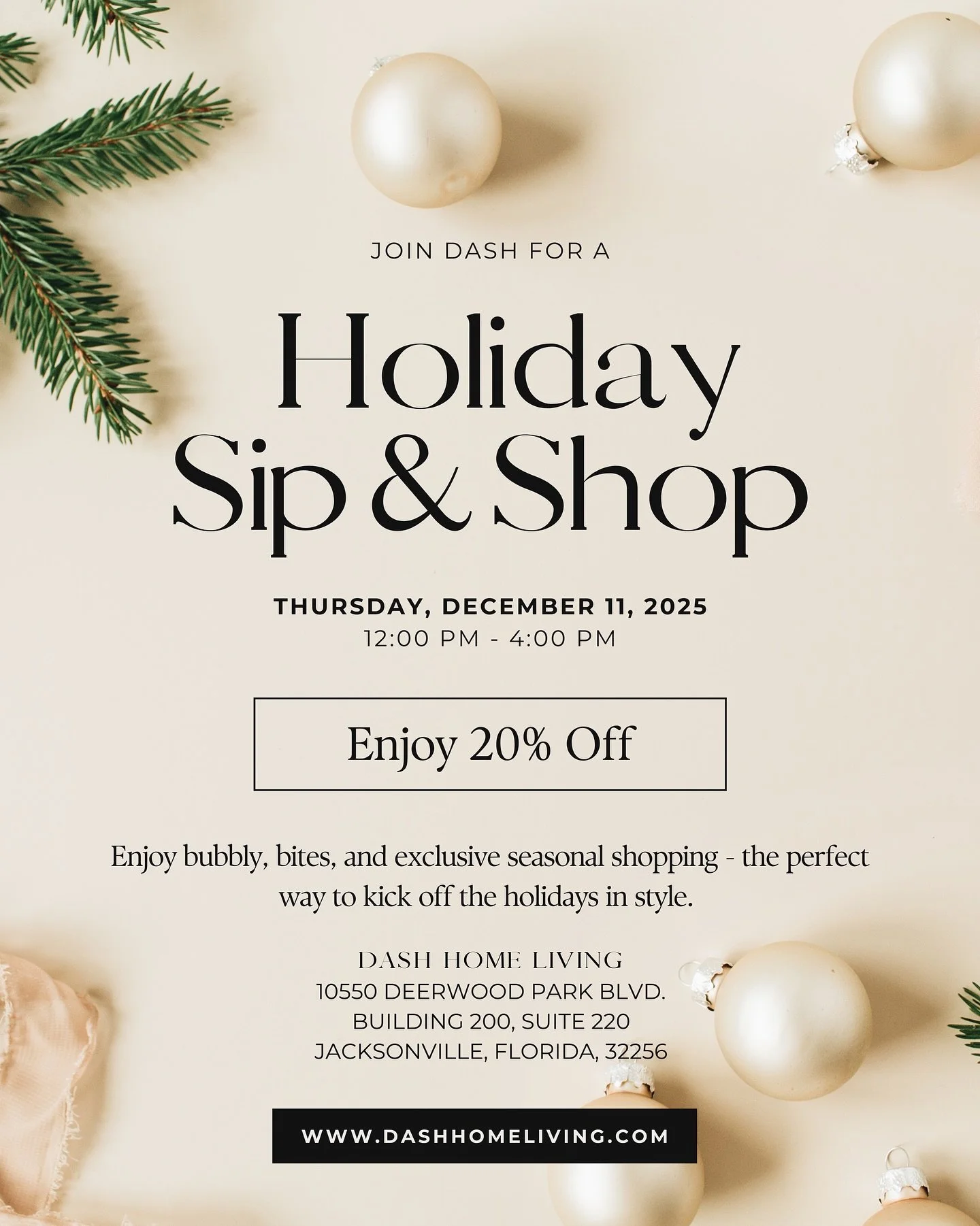 ✨ Sip, Shop &amp; Sparkle! ✨
Join us at DASH for an afternoon of bubbly, bites, and beautiful finds at our Holiday Sip &amp; Shop 🎄
🗓 Thursday, December 11 | 12&ndash;4 PM
📍 10550 Deerwood Park Blvd, Jacksonville, FL
Enjoy 20% off your purchase as