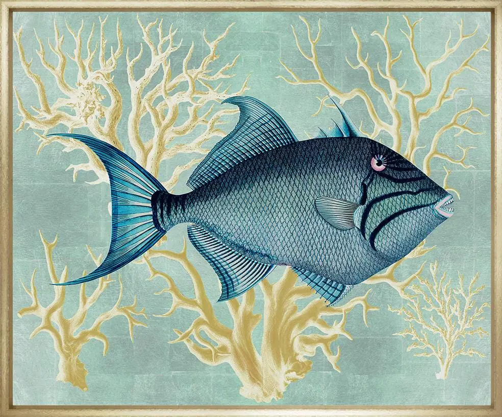 A detailed painting of a fish with blue and black scales swimming among yellow coral branches against a light green background.