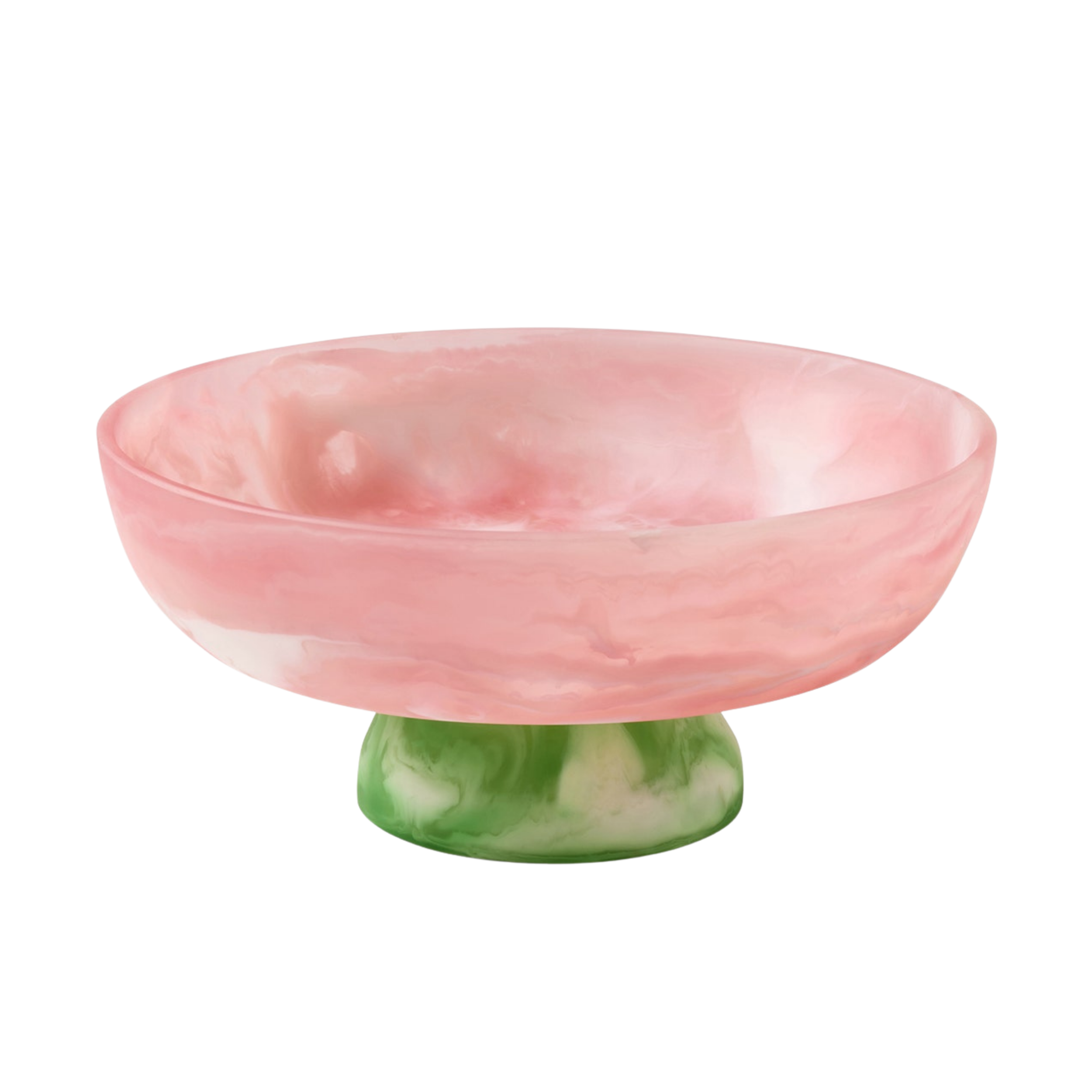 Pink and white marbled onyx bowl with green base.