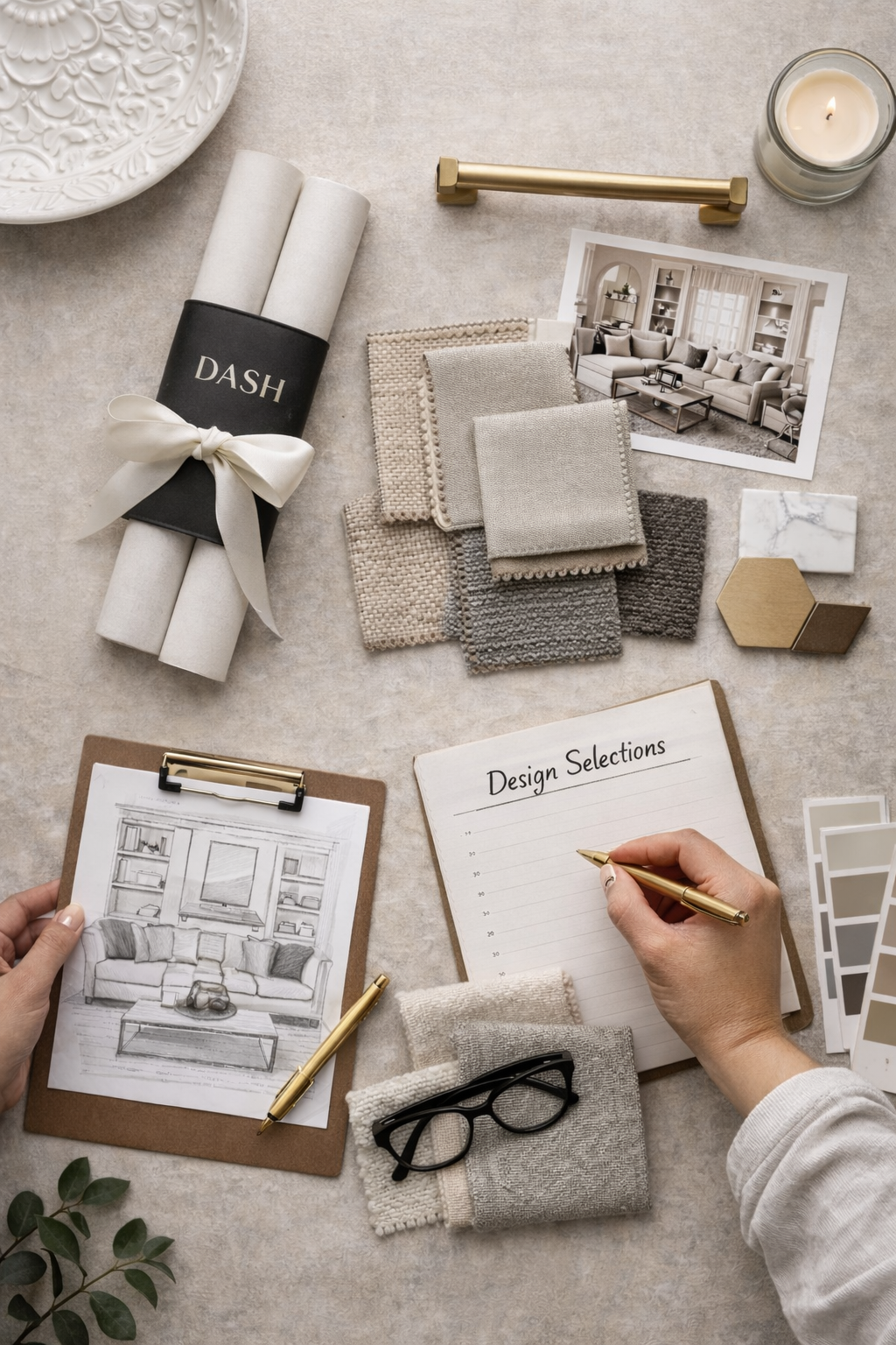 Interior design mood board with fabric swatches, furniture sketches, color samples, and a photograph of a living room.