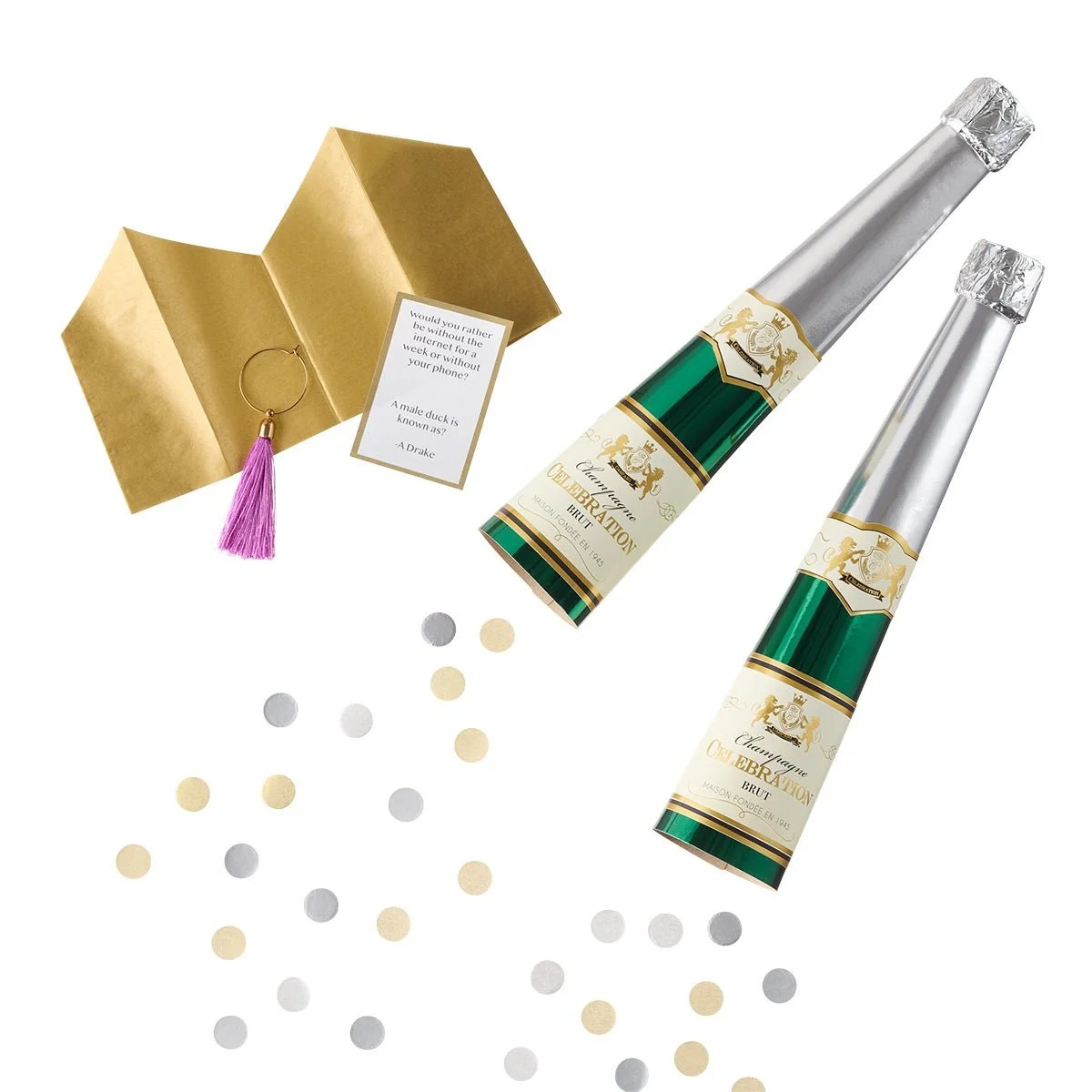 Two bottles of champagne, a gold gift box with a pink tassel, and scattered gold and silver confetti on a white background.
