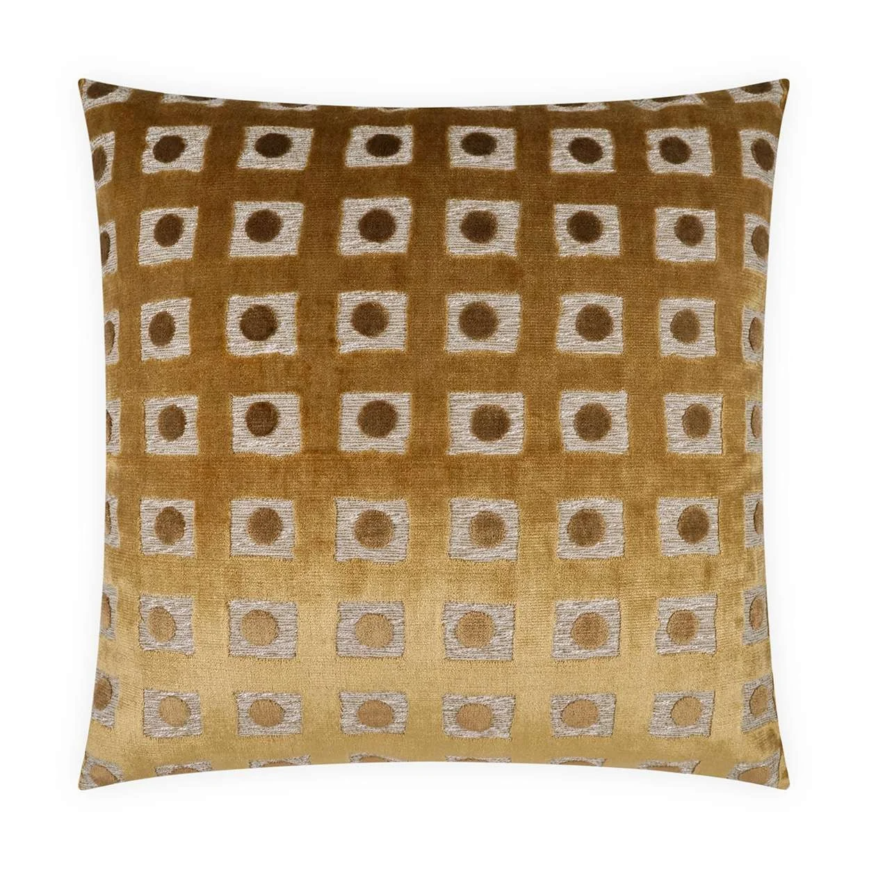 Decorative square pillow with a brown and beige geometric pattern of squares and circles.