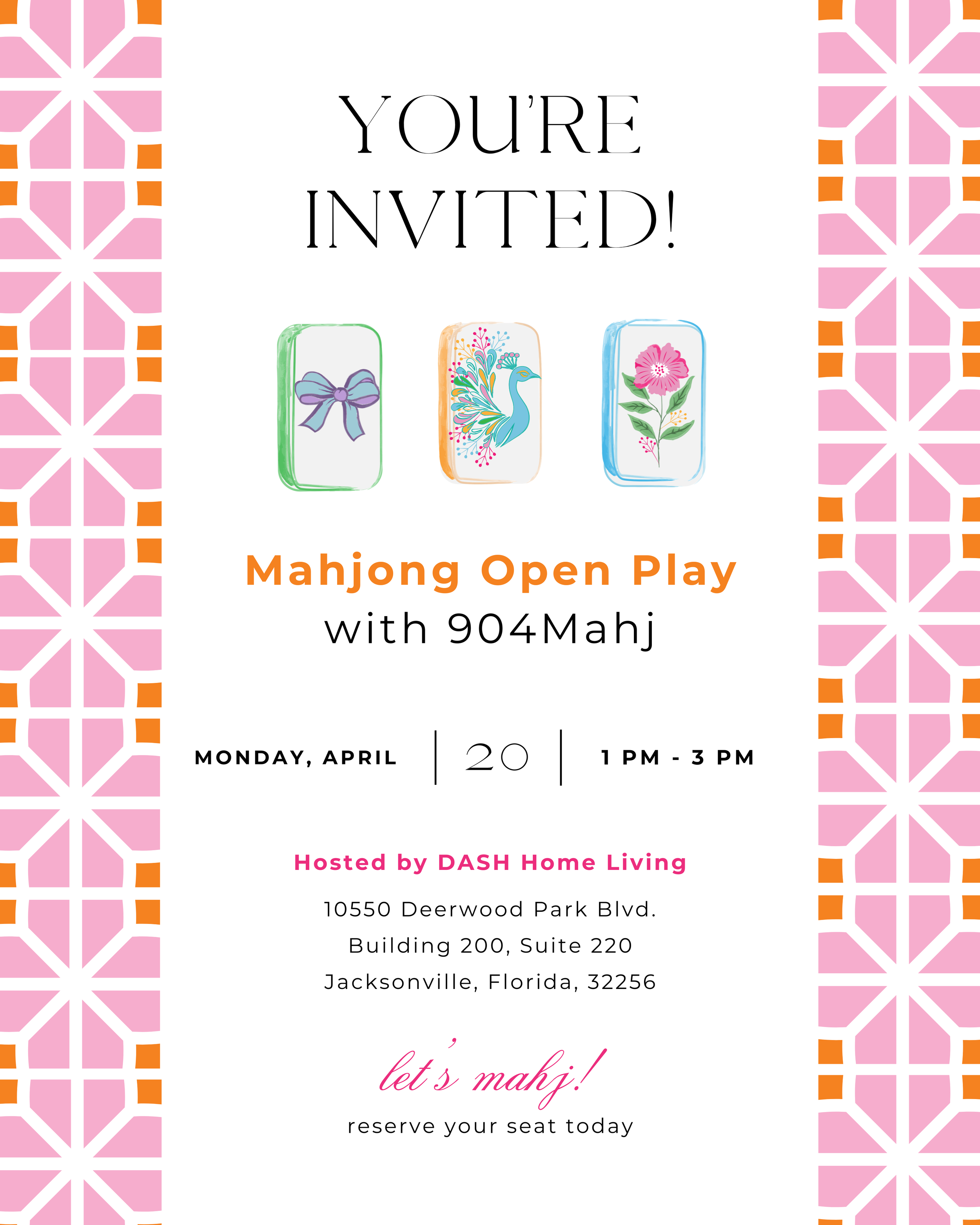 Mahjong Open Play Jacksonville FL at DASH Home Living, April 20 from 1–3 PM. Social mahjong event for experienced players featuring 904Mahj, reserve your seat for this Jacksonville mahjong gathering.