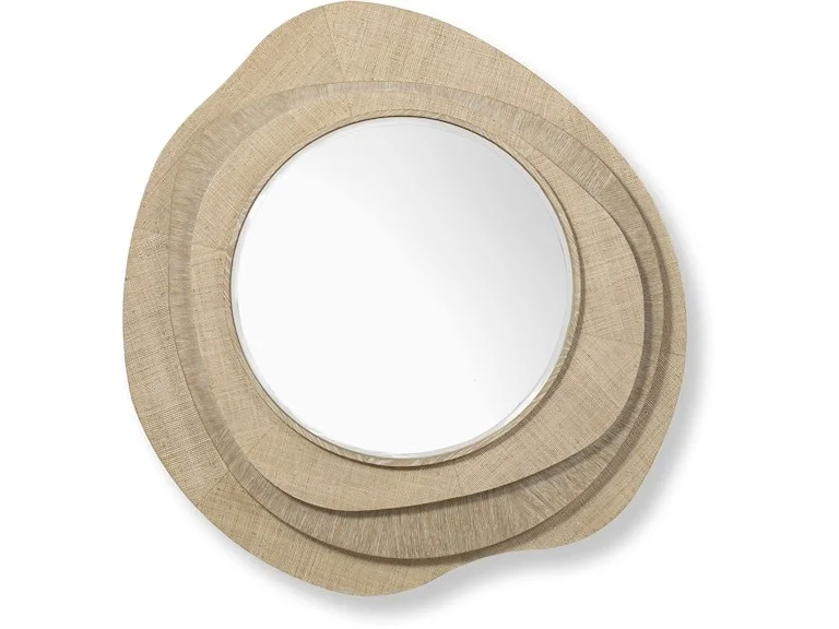 Round mirror with a wooden frame and a wavy, irregular shape.