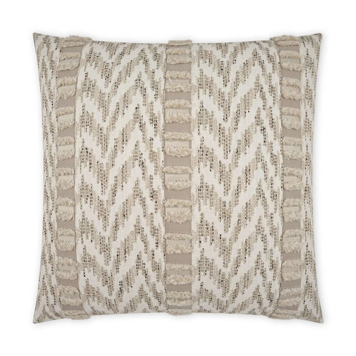 Beige decorative pillow with textured zigzag pattern and woven fringe details.
