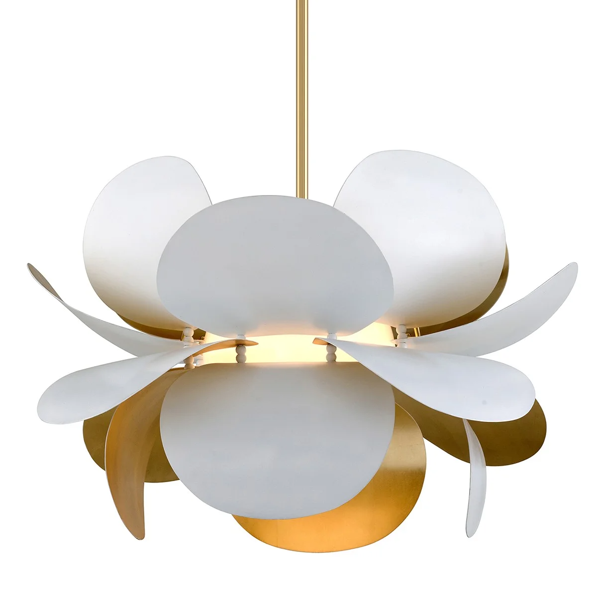 A modern chandelier designed to resemble a blooming flower with white and gold petals.
