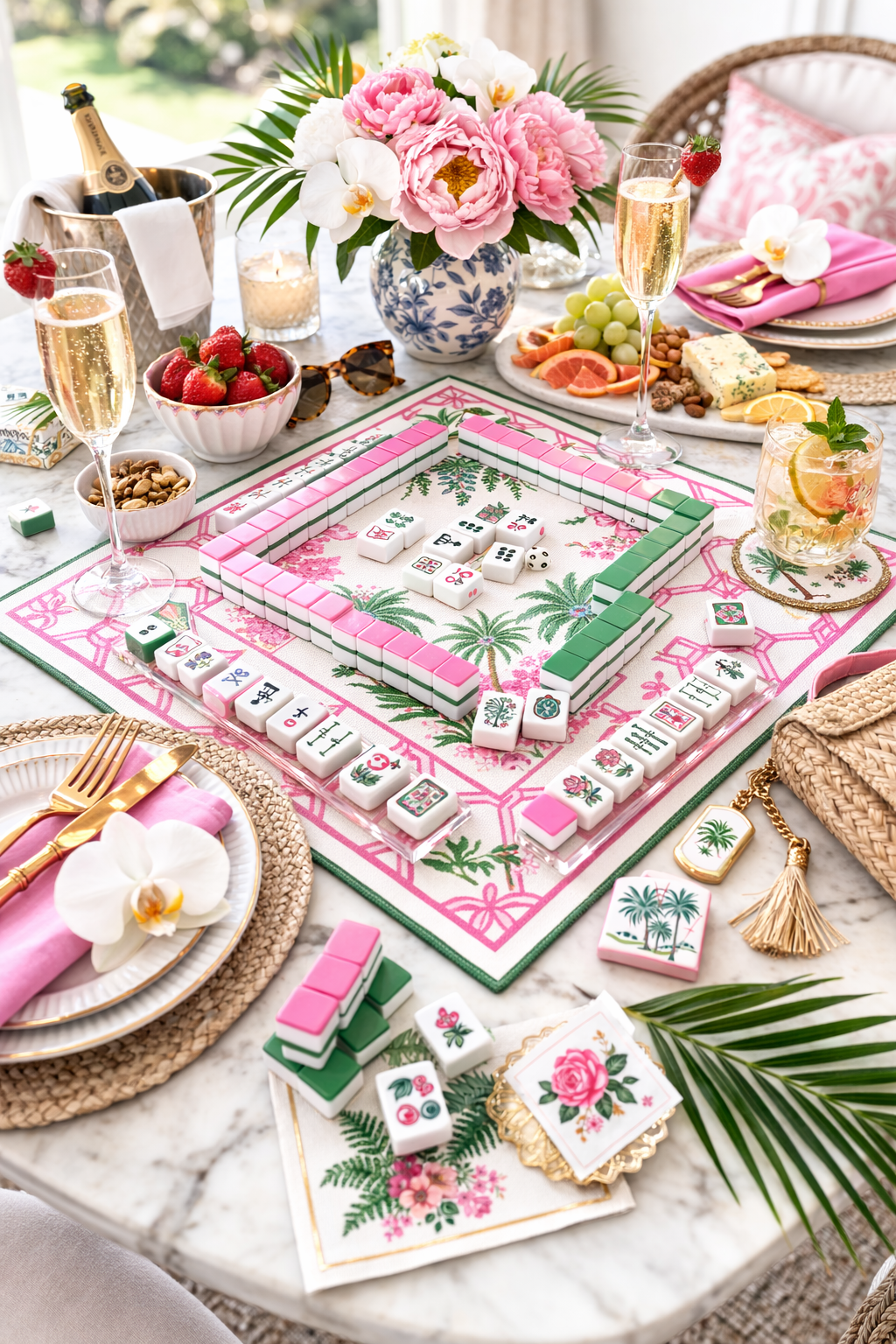 A colorful table setting with a floral centerpiece, fruit, snacks, and a game of Mahjong in progress, set outdoors with sunlight.