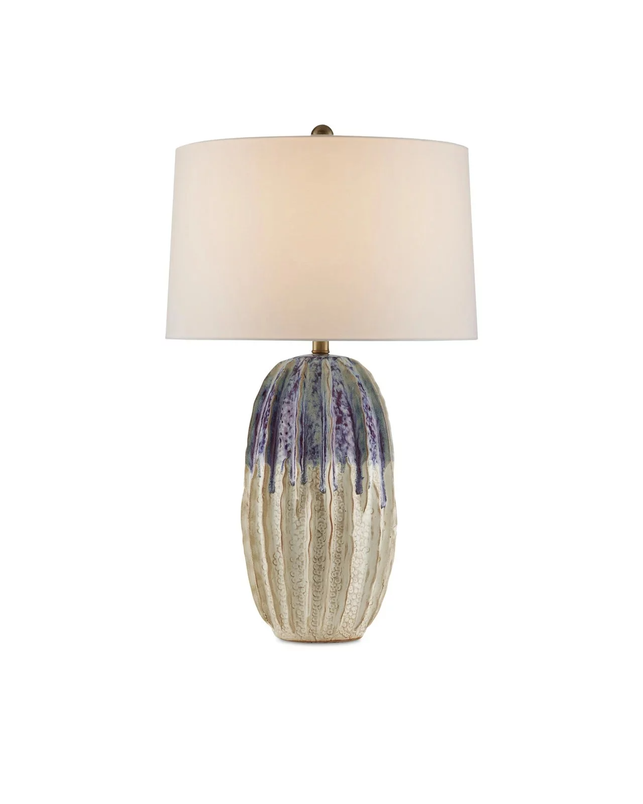 Decorative ceramic table lamp with cream and purple glaze, featuring a textured, ribbed base and a white fabric lampshade.