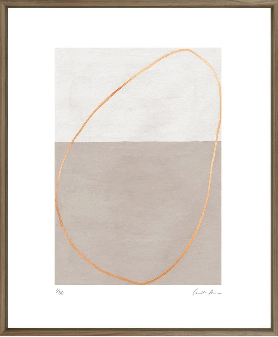Minimalist abstract art featuring a large beige and white square divided horizontally, with a thin orange line forming an irregular oval shape around the center.