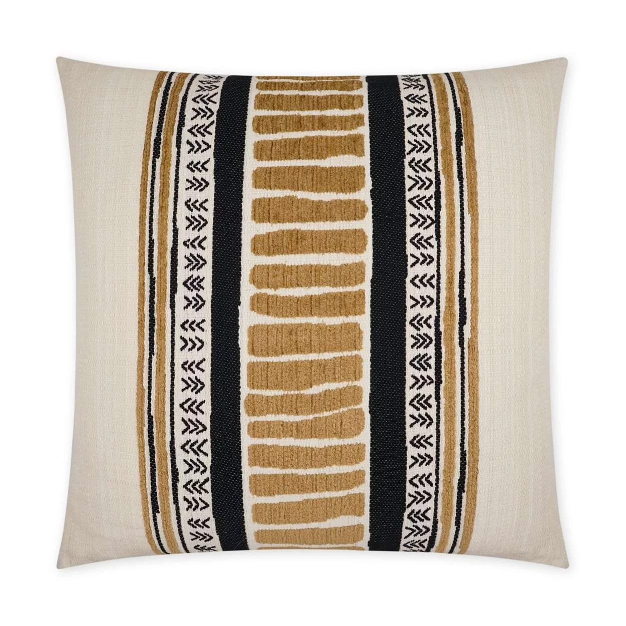 Decorative throw pillow with geometric black, white, and gold pattern on a beige background.