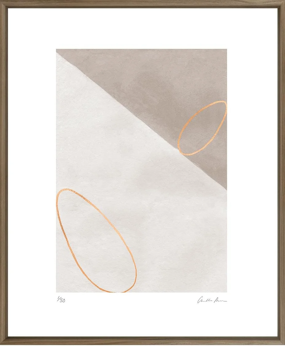 Abstract artwork with geometric shapes and neutral colors, featuring two orange oval outlines.