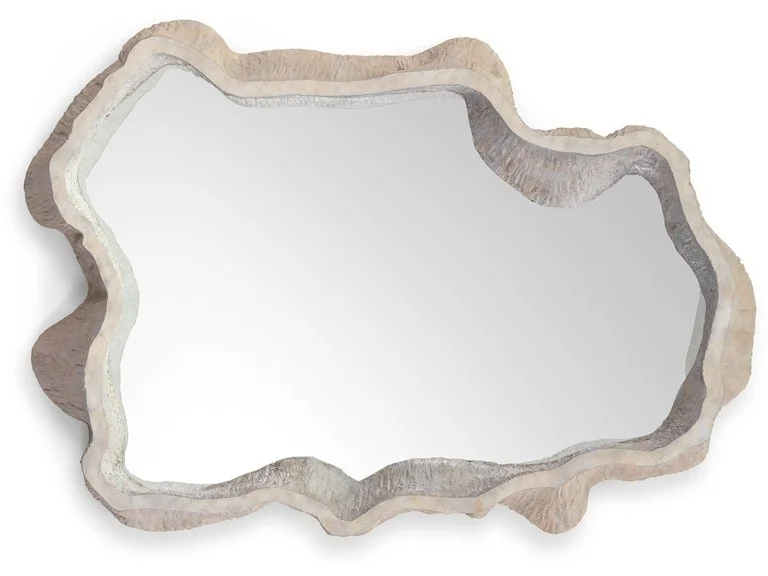 Decorative mirror with an irregular, natural wood frame.