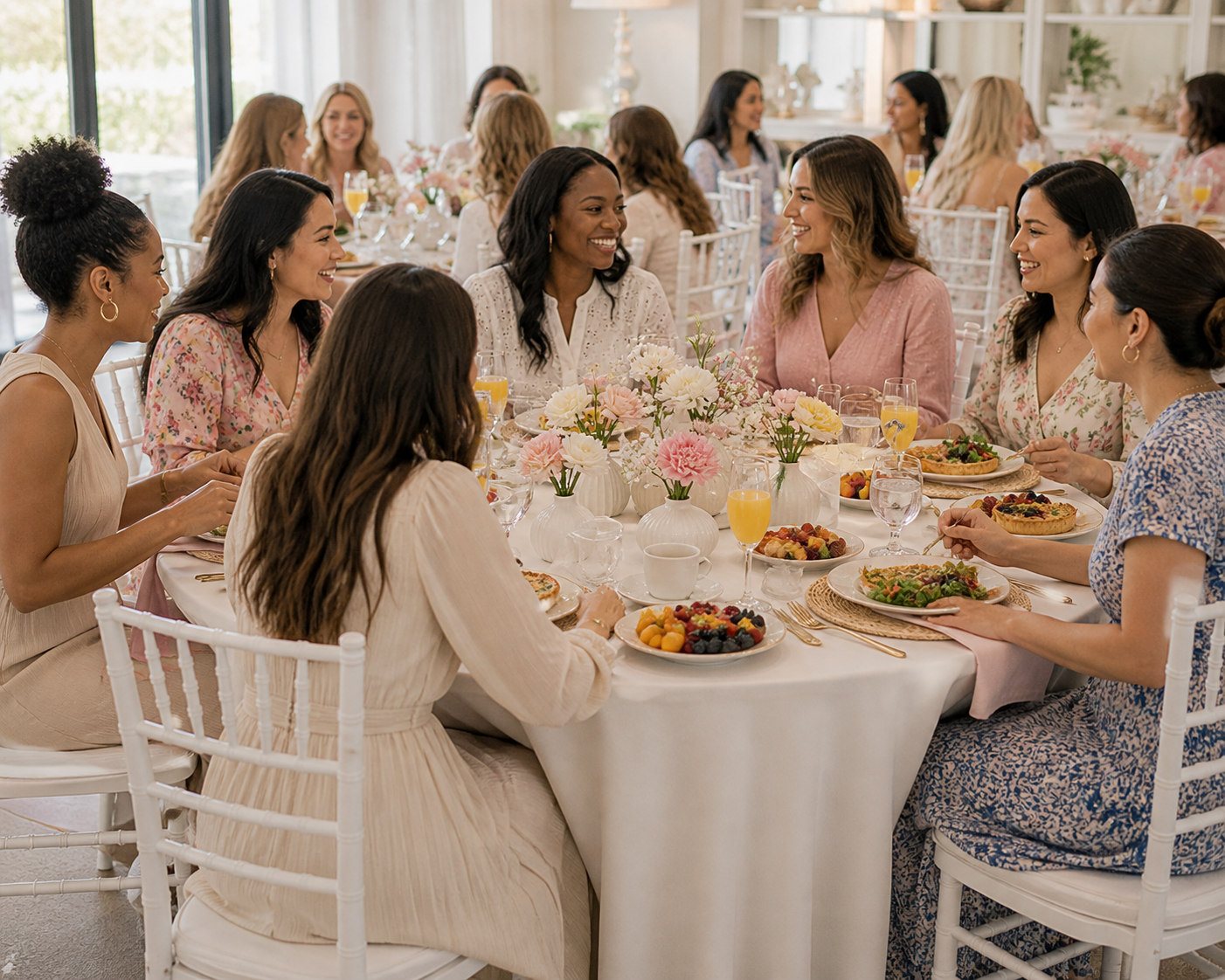 A group of women enjoying a meal at a banquet table decorated with pink and white flowers, in a well-lit room with large windows.