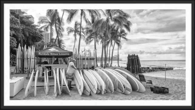 Beach scene with numerous surfboards lined up on the sand, a woman arranging the boards, palm trees, a rental stand, and the ocean in the background, in black and white.