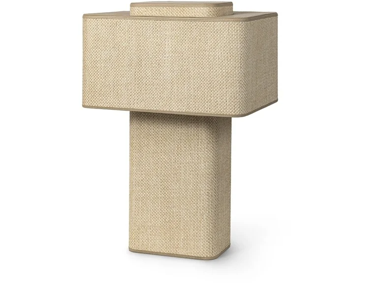 A beige table lamp with a textured fabric shade and base, designed in a modern, minimalist style.
