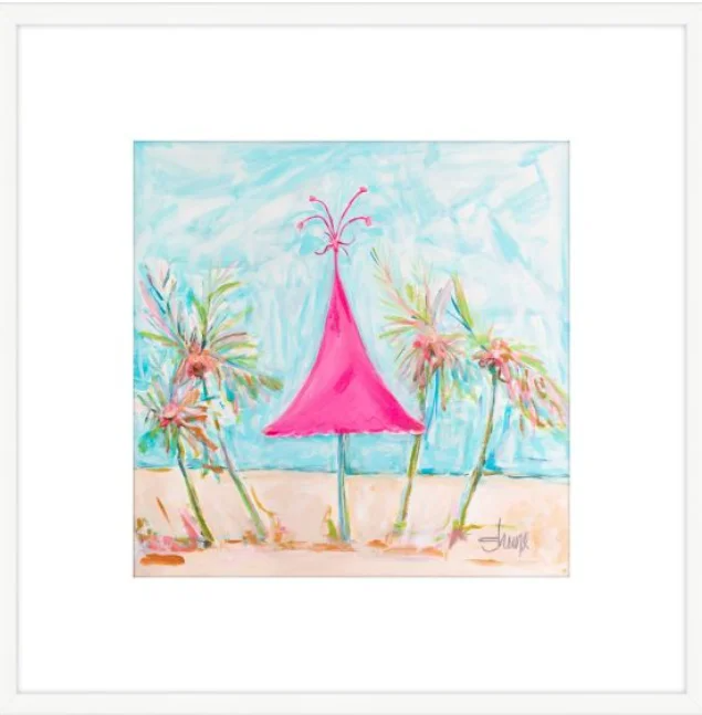Colorful, abstract painting of a pink tiki hut surrounded by palm trees on a beach.