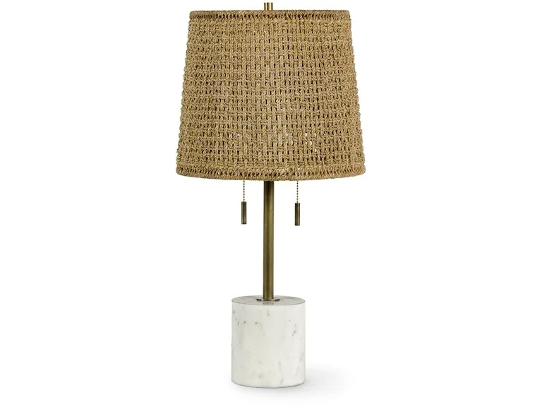 Table lamp with a woven beige shade, brass pull chains, and a marble base.