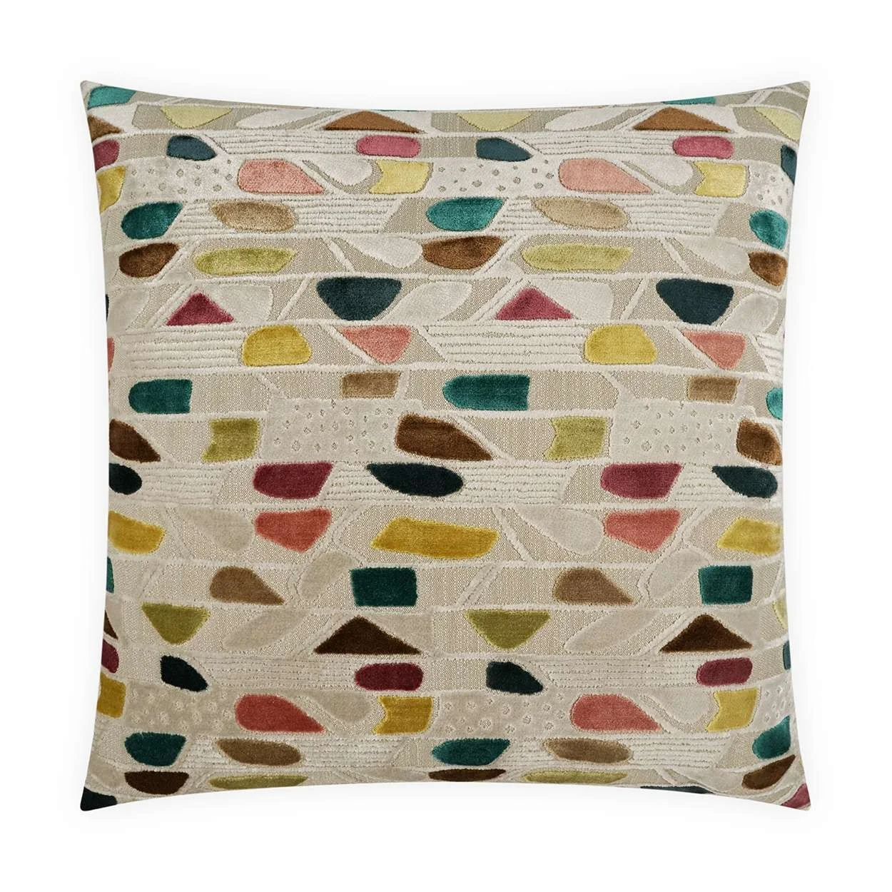 Colorful decorative pillow with abstract pattern featuring various shapes and colors.
