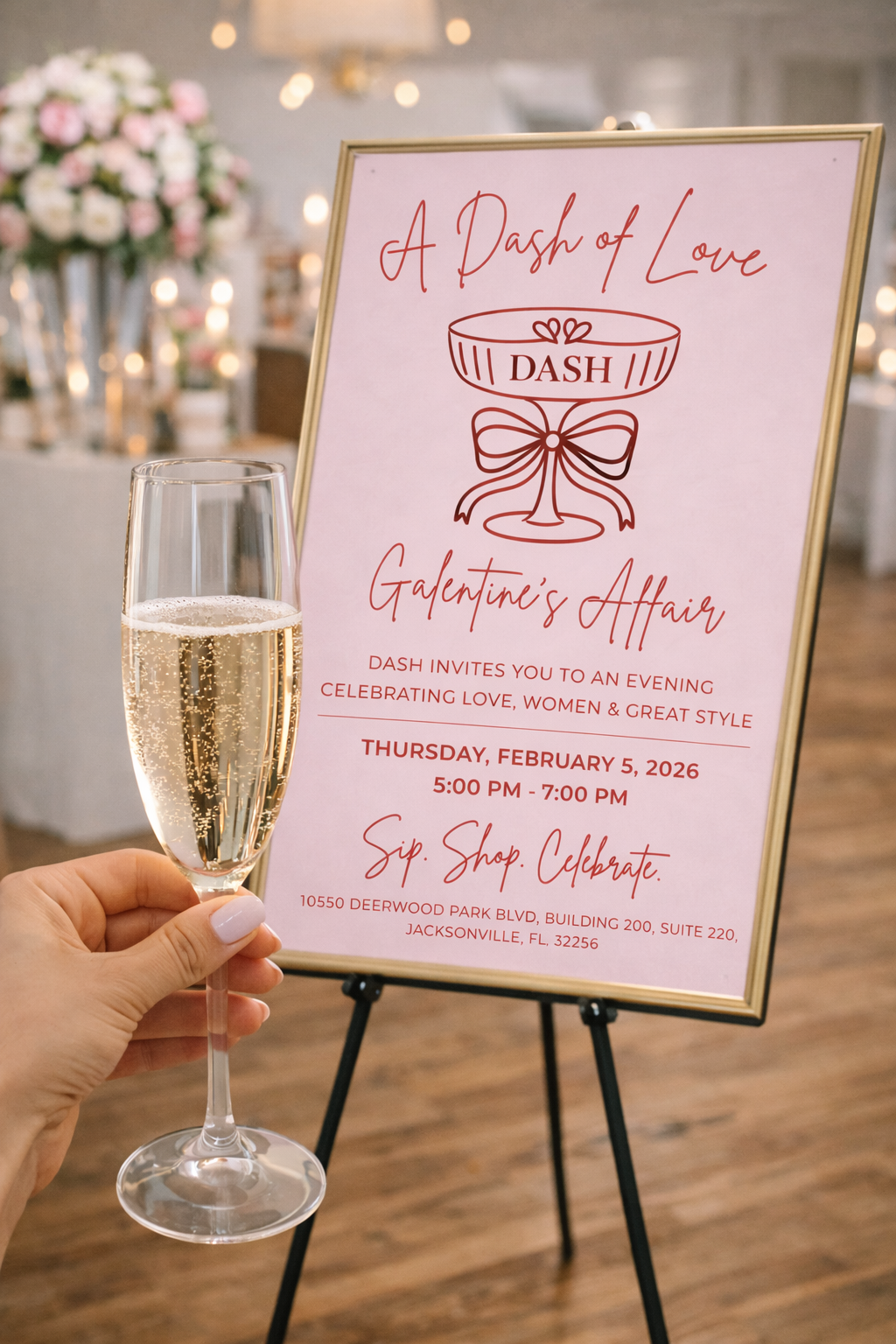 A person holding a glass of champagne in front of a pink event sign for a Galentine's celebration titled 'A Dash of Love'. The sign mentions details of an event on February 5, 2026, in Jacksonville, Florida.