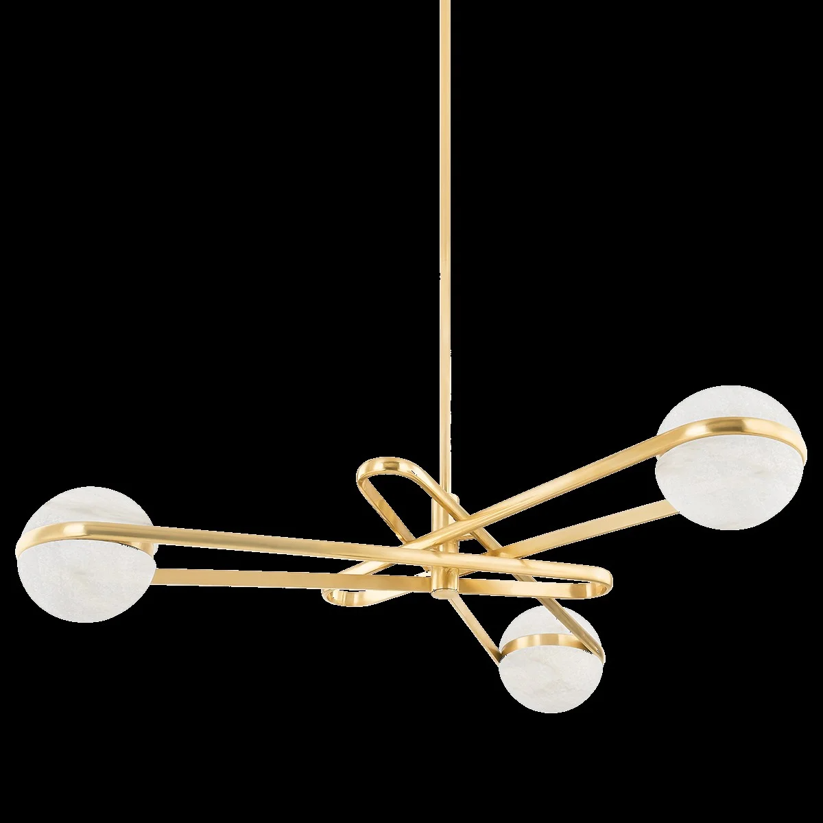 Modern gold chandelier with four white globes hanging from black ceiling.