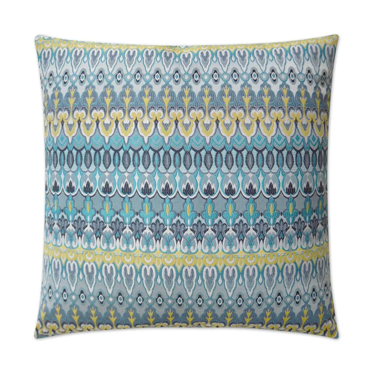 Decorative pillow with a detailed pattern of blue, yellow, gray, and white motifs.