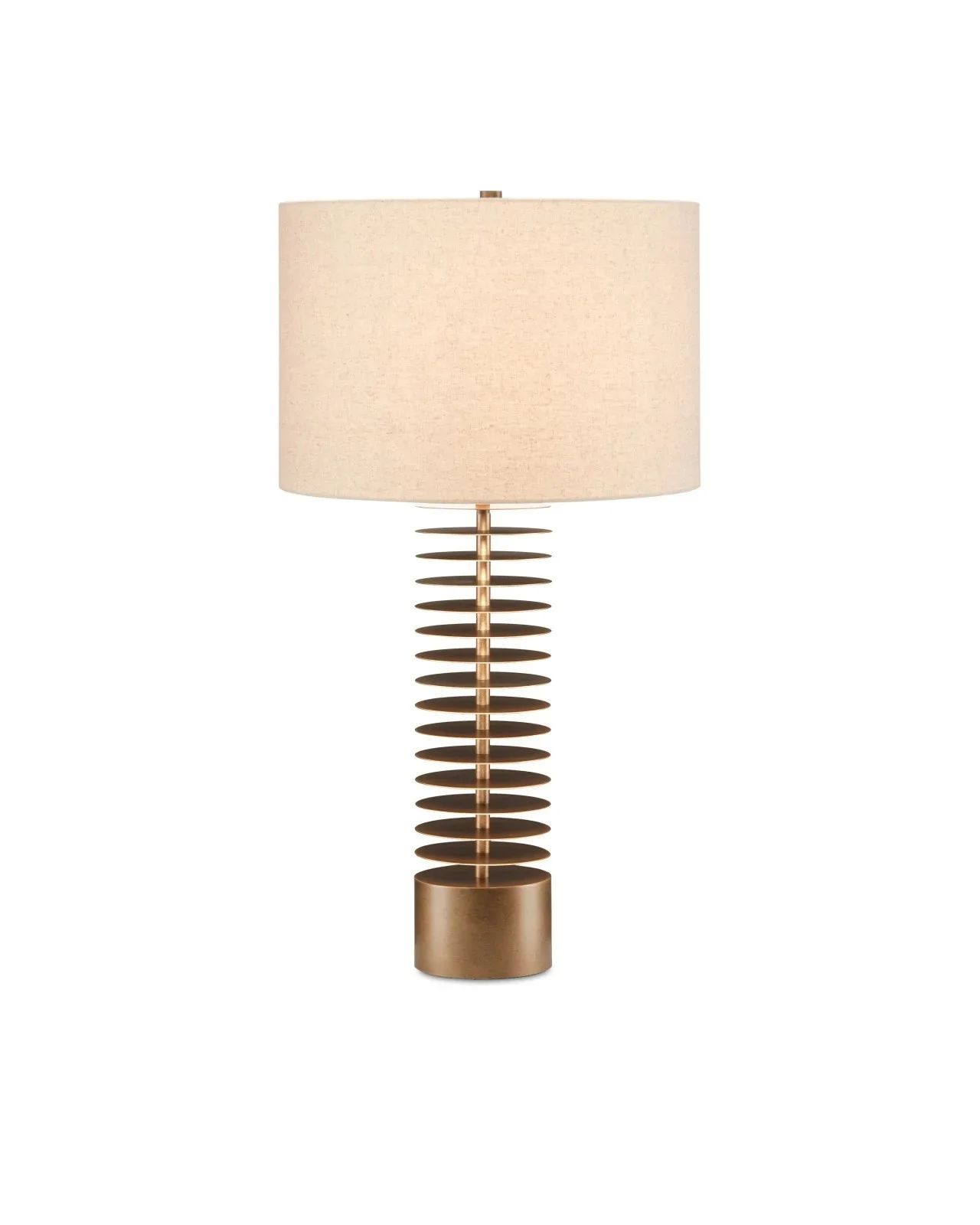Modern table lamp with a beige fabric shade and a metallic, ribbed base.