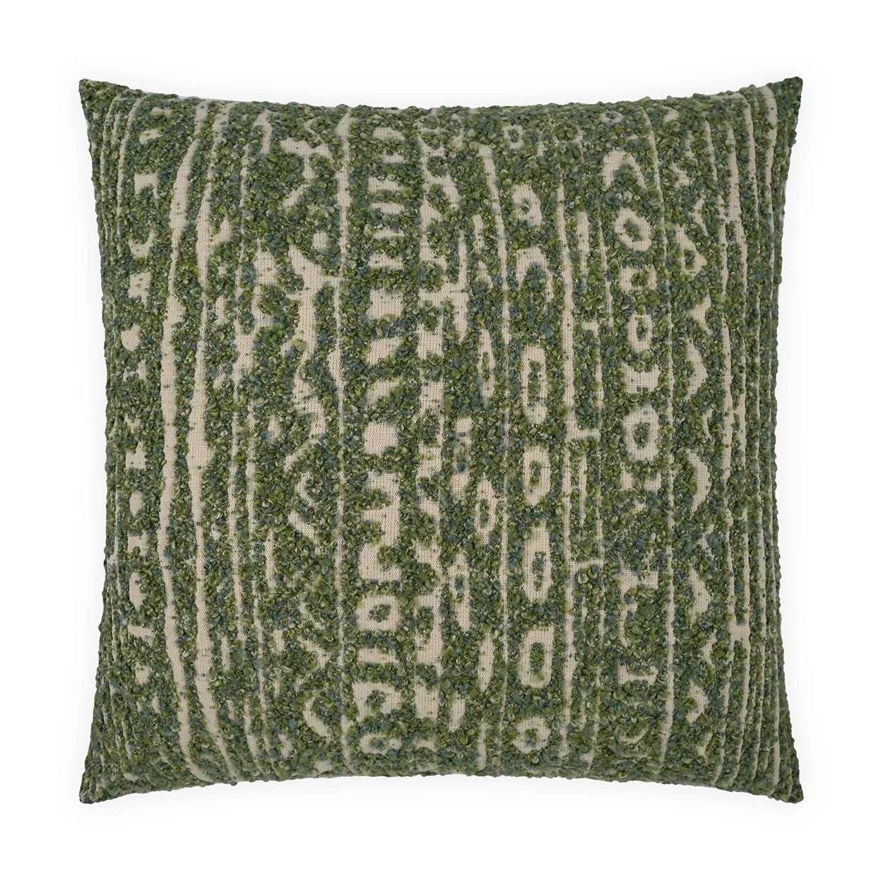 Green embroidered decorative pillow with intricate pattern on beige fabric