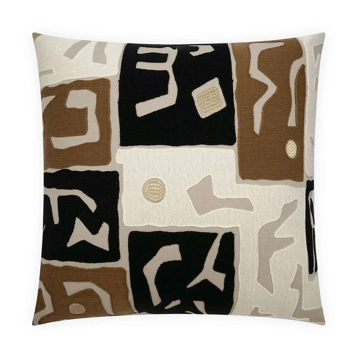 Decorative throw pillow with an abstract geometric pattern in black, white, brown, and beige colors.