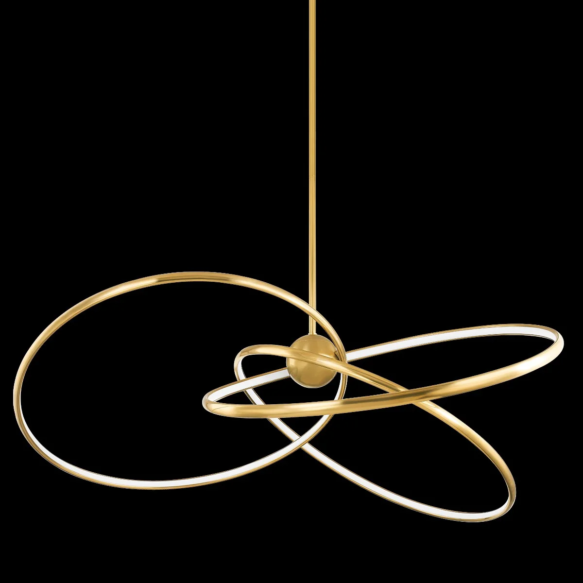 Modern pendant chandelier with intersecting gold and white rings on a black background.