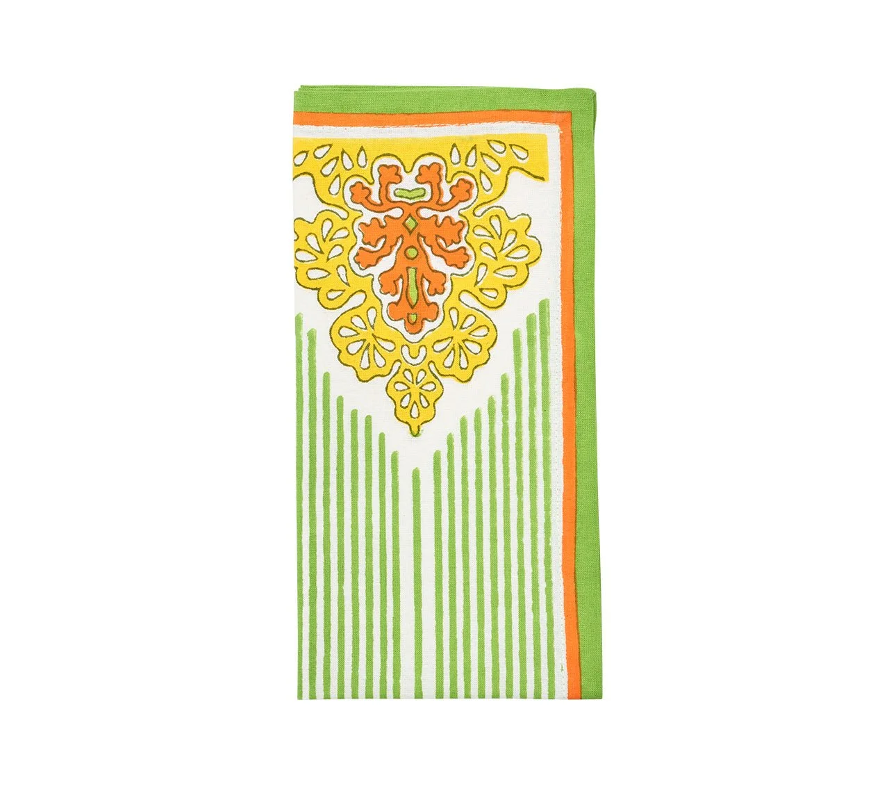 A decorative dish towel with green, orange, and yellow patterns and a central orange and yellow ornate floral design.
