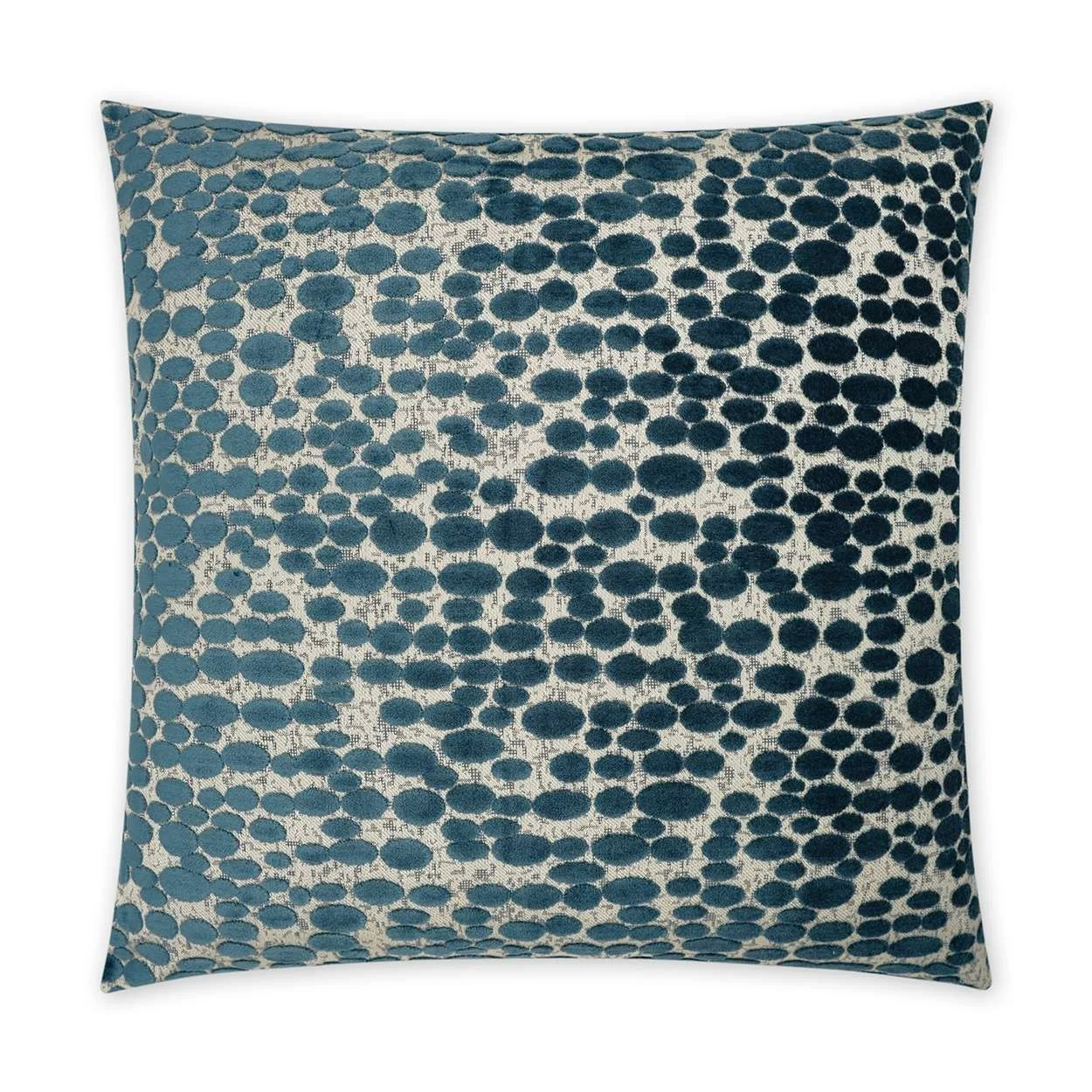 Decorative square throw pillow with a blue and white dotted pattern.