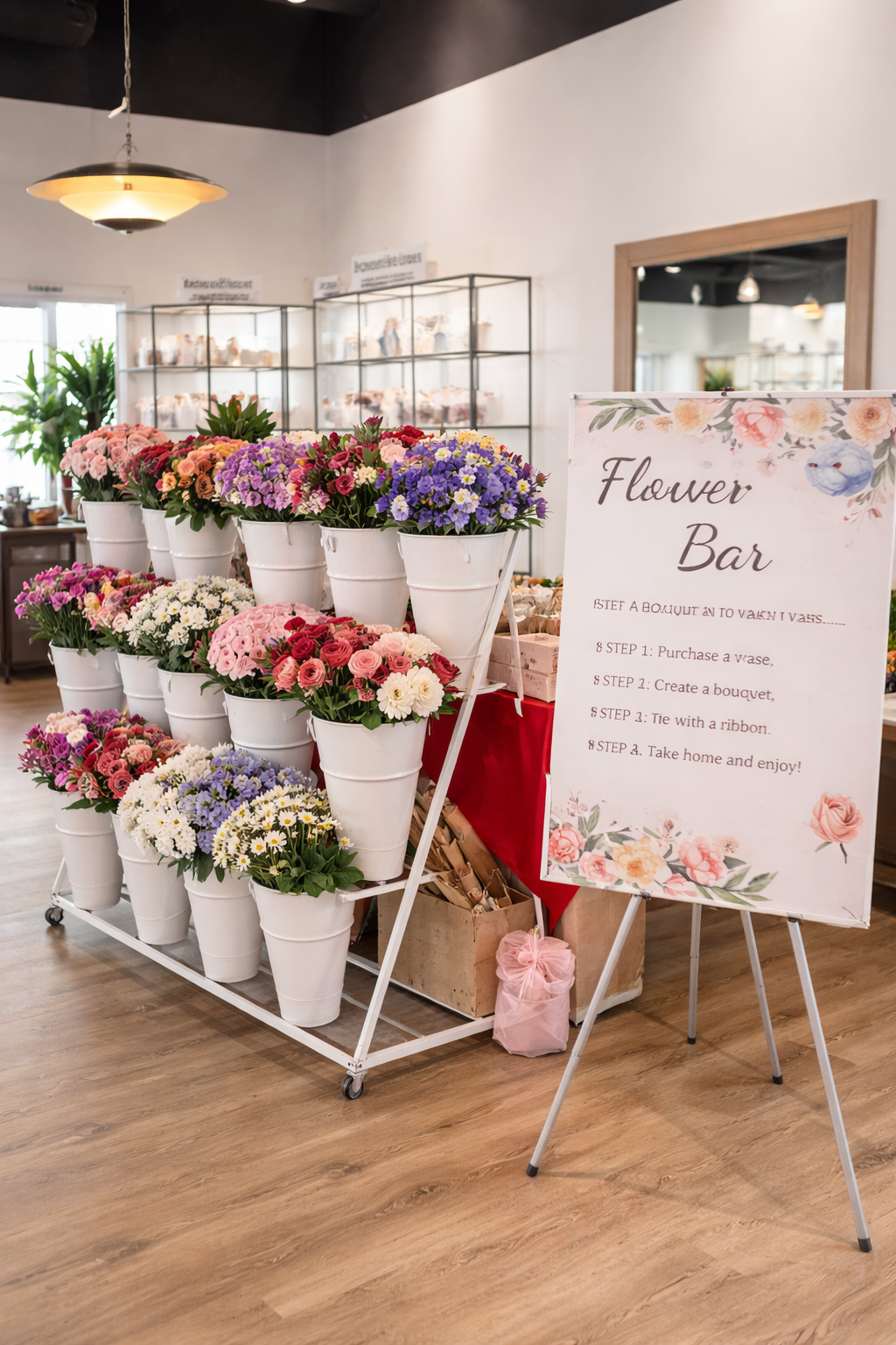 A flower shop display with colorful flowers in white pots and a sign guiding customers on how to make a bouquet, titled 'Flower Bar'