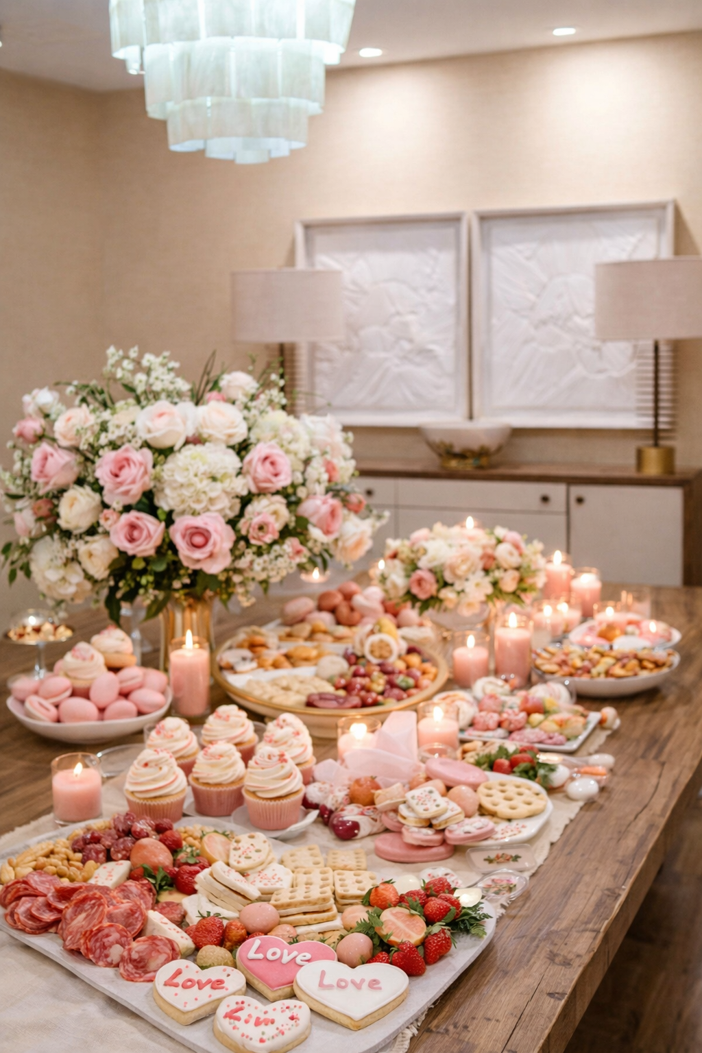 Decorative table setup with pink and white desserts, flowers, and candles for a celebration or romantic event.