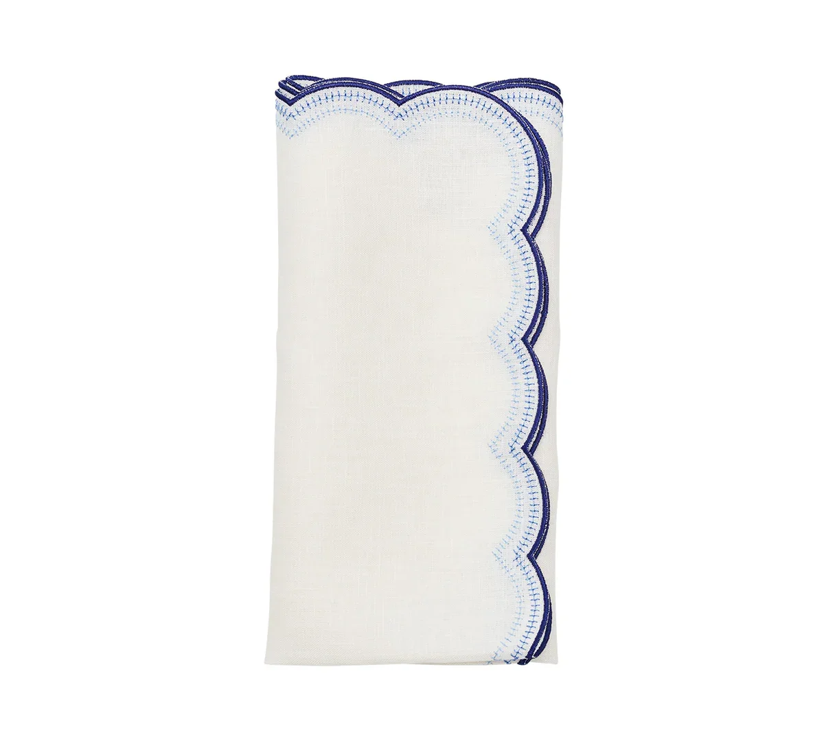 A folded white napkin with blue scalloped border and decorative stitching along the edge.