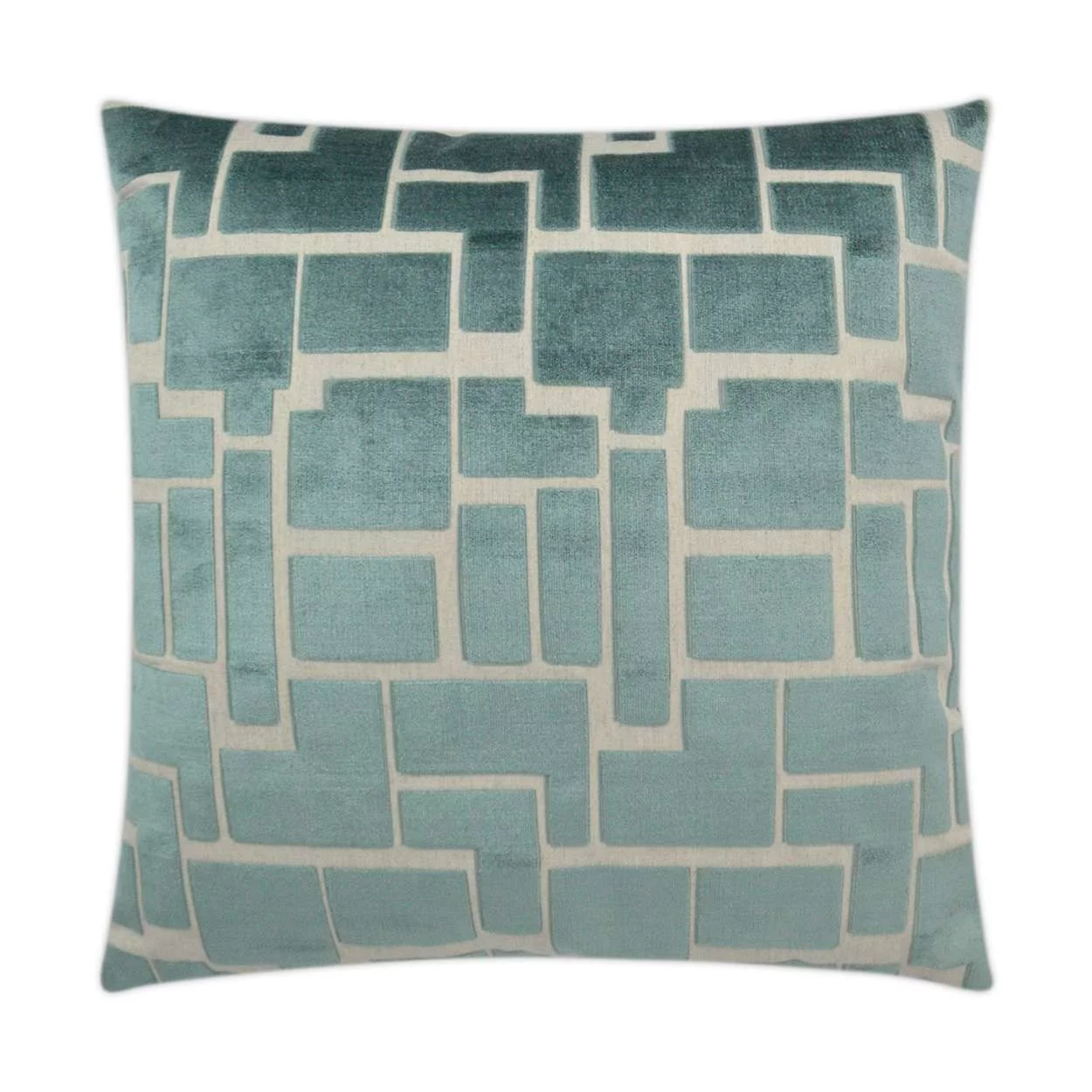 A square decorative pillow with a geometric pattern of connected rectangles in shades of teal and cream.