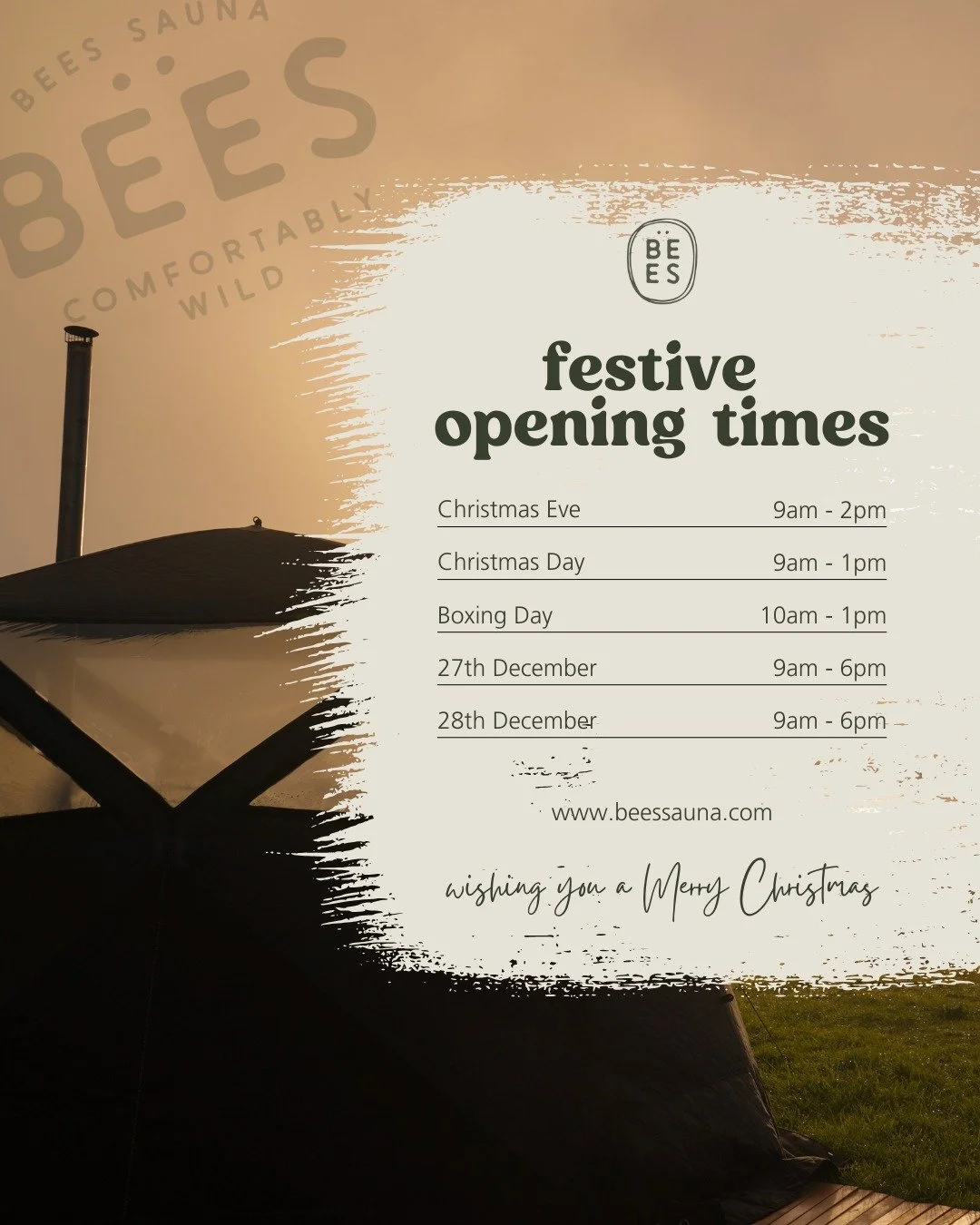 Holiday chaos? Come sweat it out with us.

Here are our Christmas opening times 🎄 🐝 🔥

Whether you need a moment of peace or just an excuse to hide from your relatives, we&rsquo;ll keep the fire going.

Come get comfortably wild this Christmas.

F
