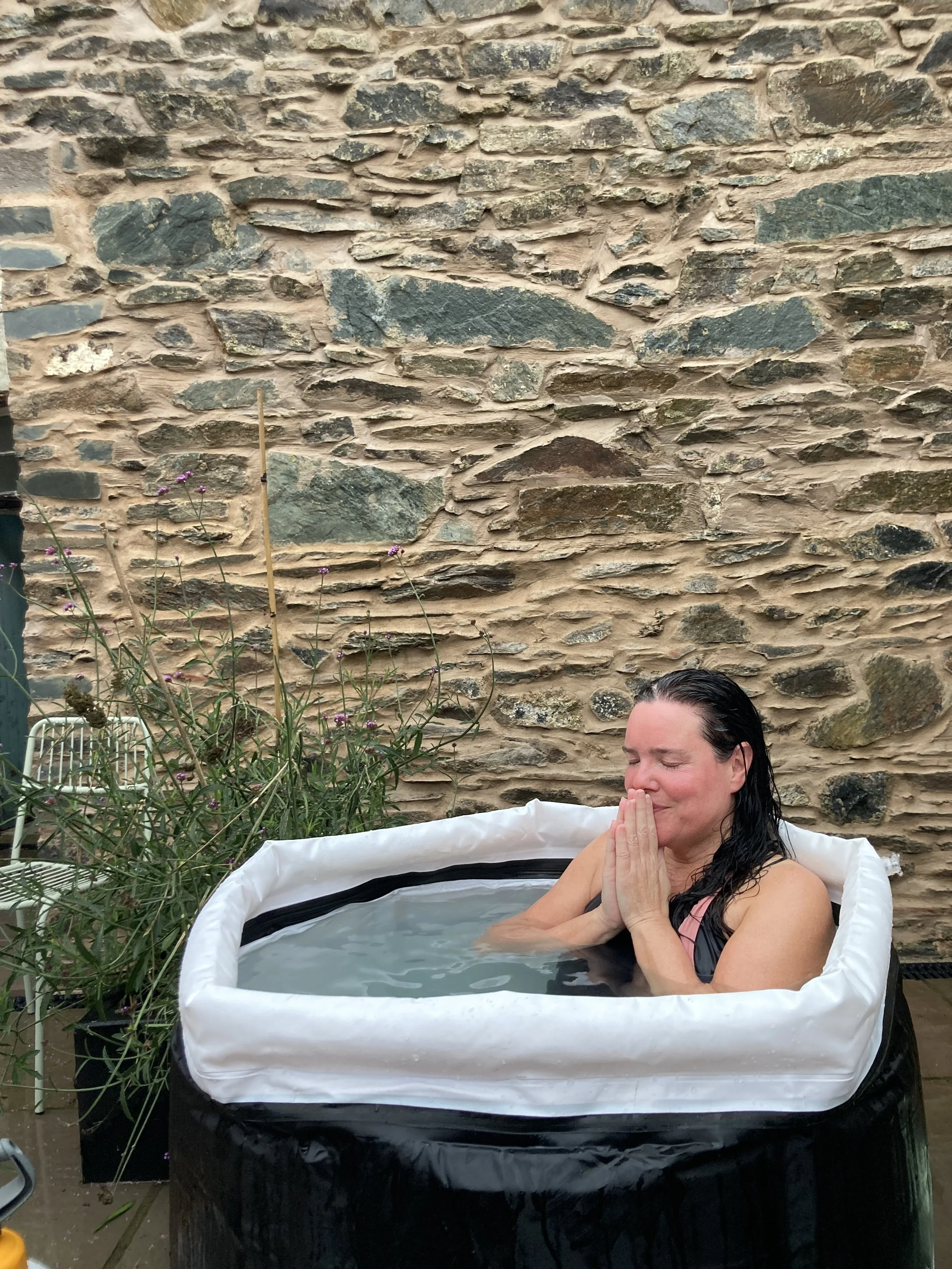 Cold plunge pools for contrast therapy at the Bees Sauna wild sauna pop-up event on the Isle of Bute.