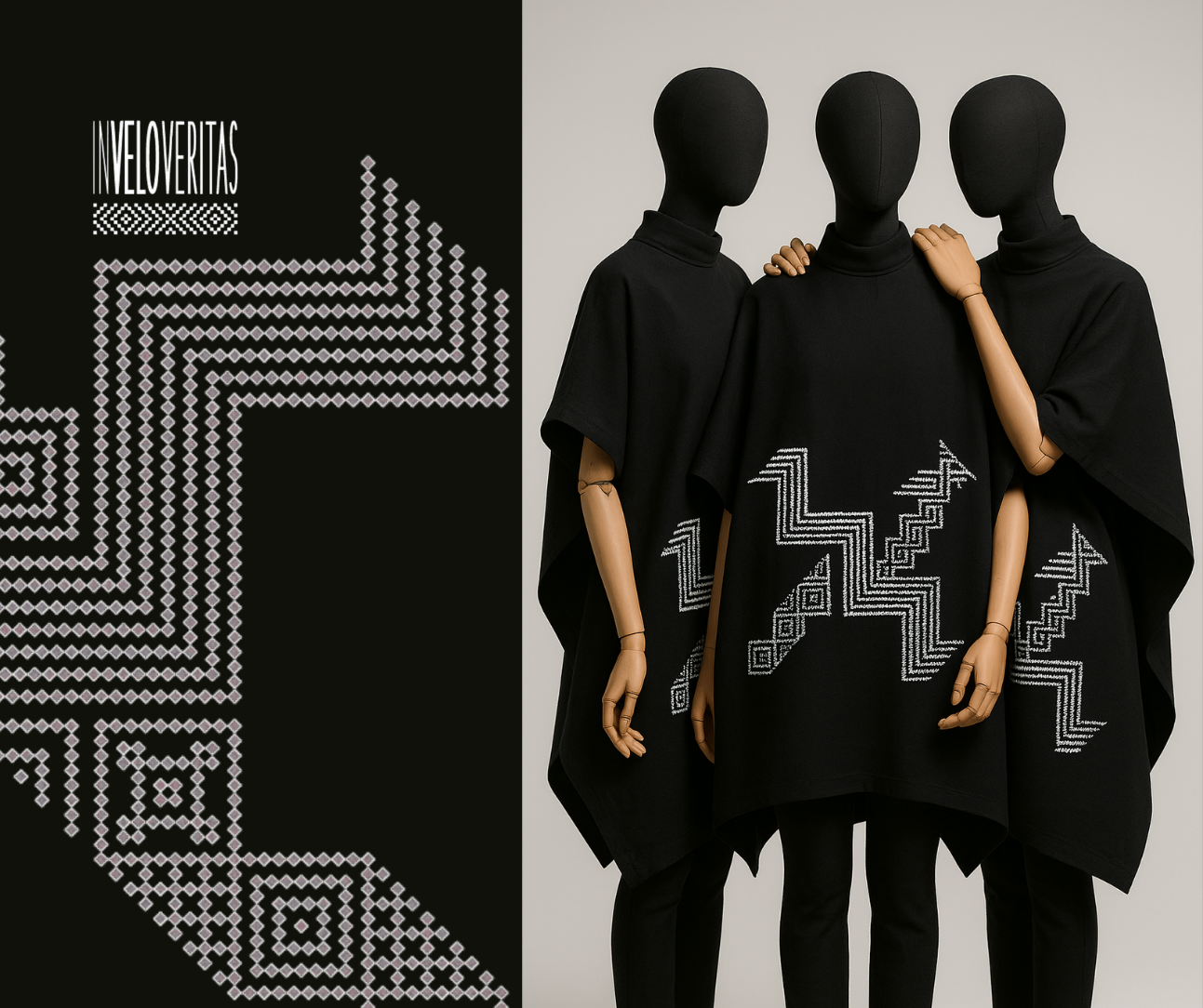 Tre manichini nudi con capi di abbigliamento neri decorati con un motivo geometrico bianco, sfondo bianco, lato sinistro un diagramma di un motivo geometrico e la parola 'Inveloveritas'. Può essere un'installazione artistica o uno scaffale di moda.