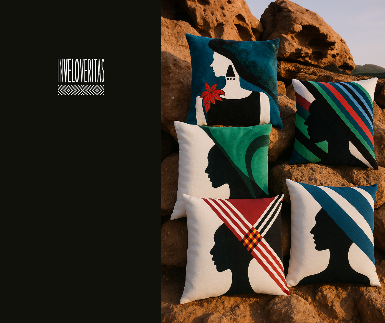 Cuscini decorativi con silhouette di profili di donne, alcuni con cappelli o sciarpe colorate, disposti su rocce all'aperto.