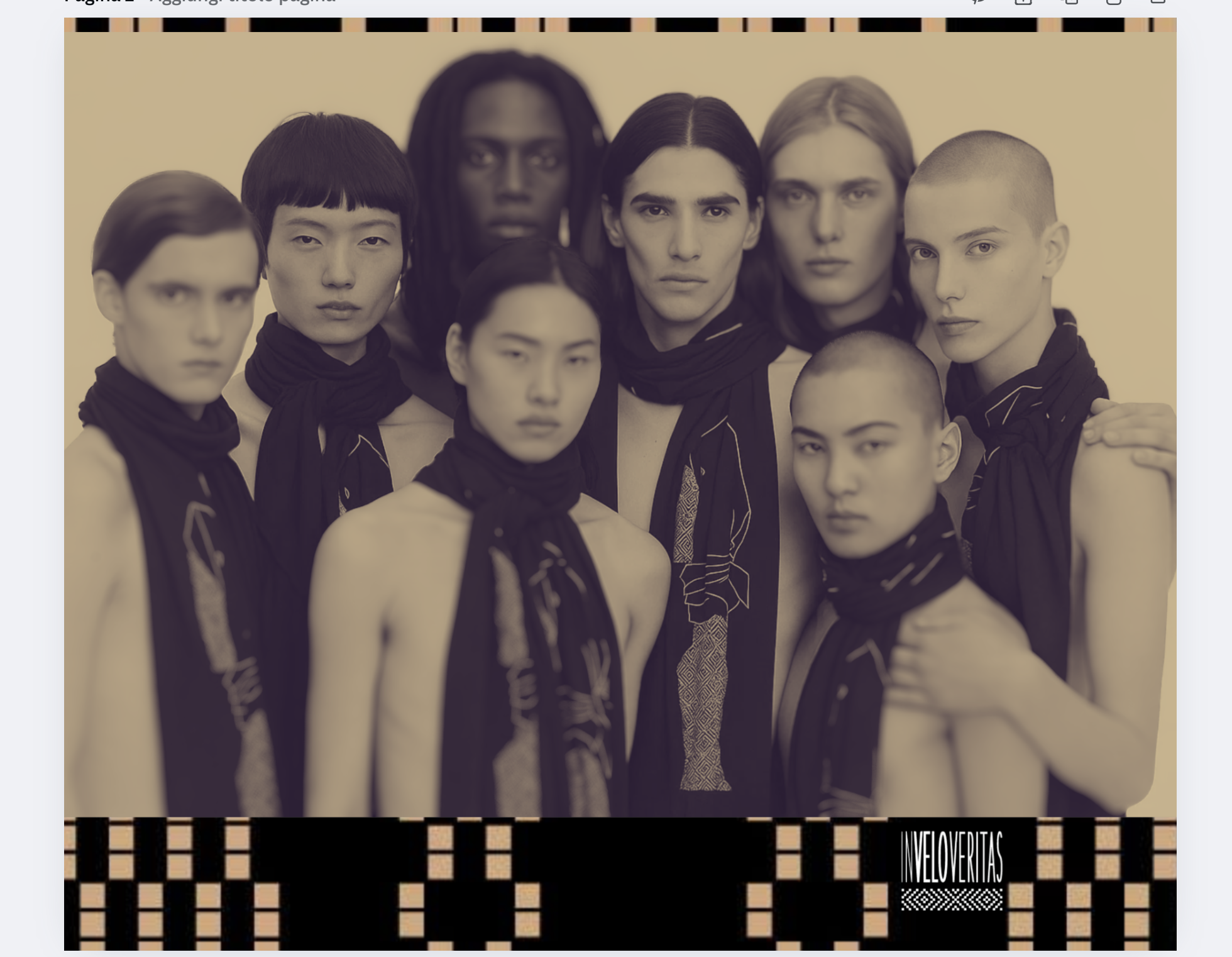 Gruppo di sette persone con capelli corti e lunghi, alcune svestite, indossano foulard neri, in posa frontale in studio con sfondo neutro.